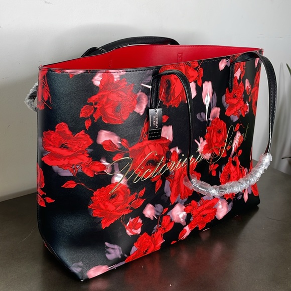 Victoria Secret NWT Tote, Black w/ Roses - Picture 3 of 7